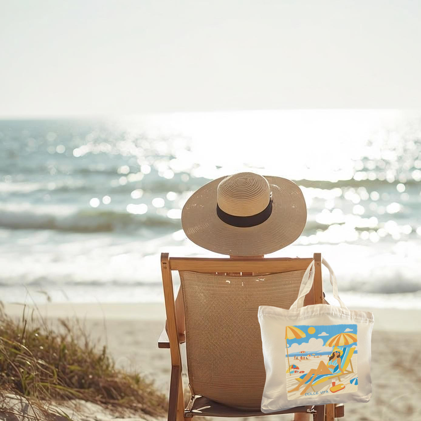 Person sitting on a beach chair with a straw hat, looking at the ocean, next to a beach bag with a sunbather design.