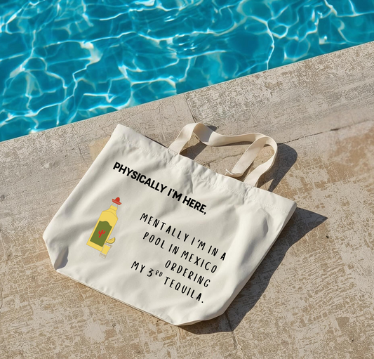 Tote bag with humorous text by a pool
