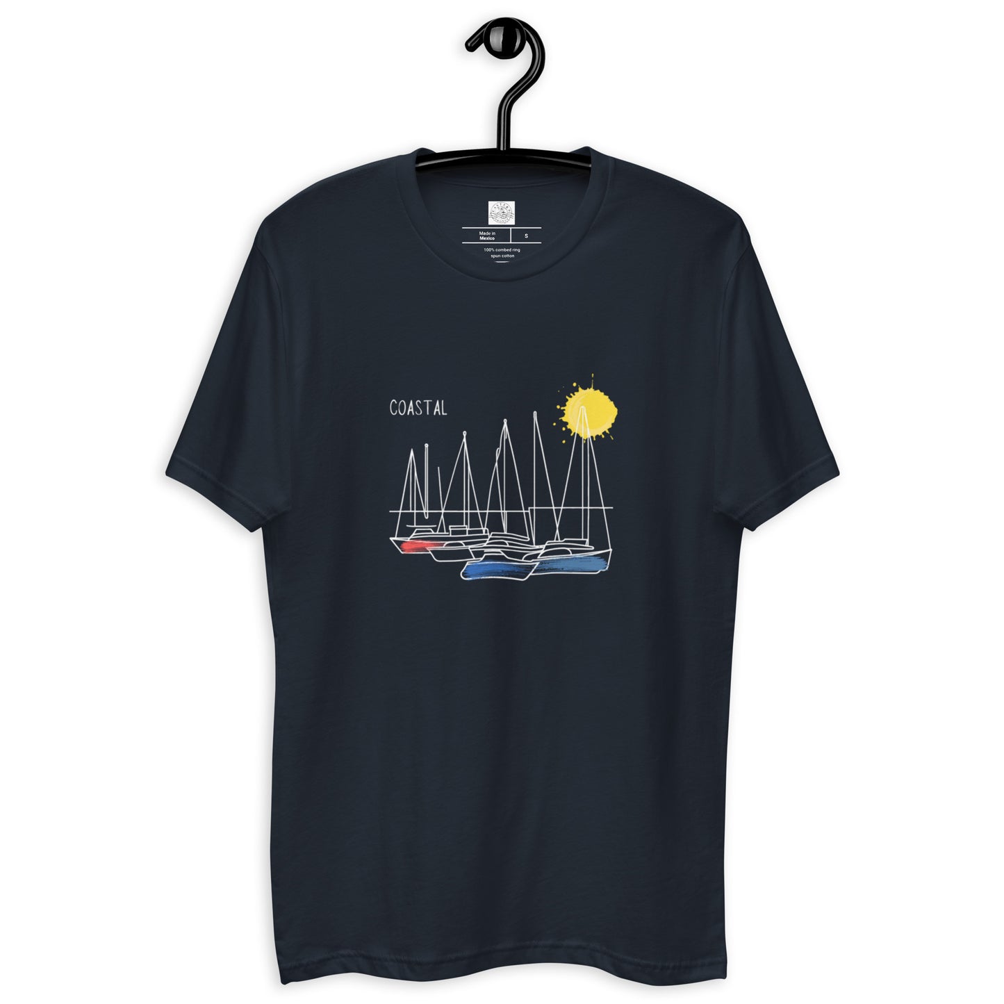 mockup of a navy blue tshirt with coastal line art boat design hanging on a hanger