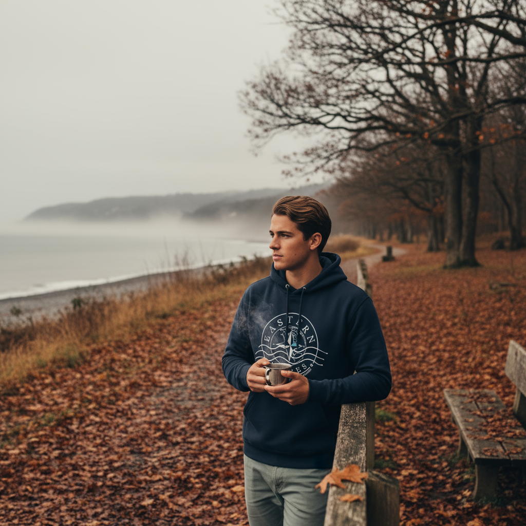 person holding a coffee leaning against a wooden railling at a beach with leaves strewn about wearing a navy blue Eastern Shores nautical wave and compass logo with maritime typography