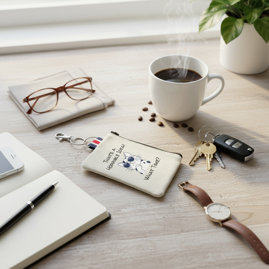 Zip pouch keychain on table with keys and other desk items such as, glasses and journal and pen