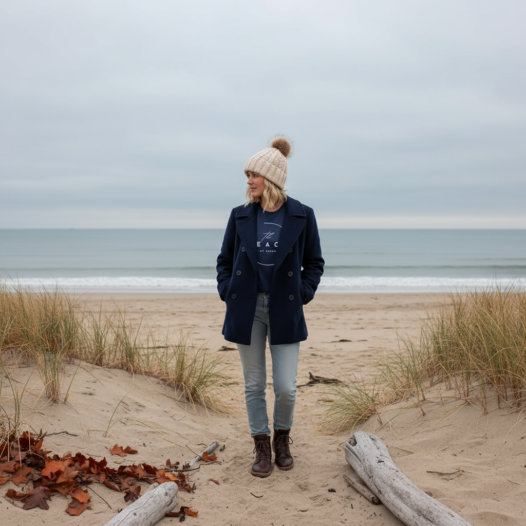 Heather blue T-shirt model shot - Eastern Shores Apparel casual wear.  Woman walking on beach on a November day.