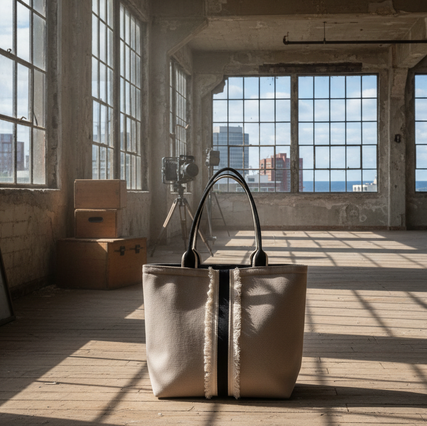 Anchore tote - meridian fringe edition on the floor of an old abandoned factory with large windows and a view of the halifax city skyline