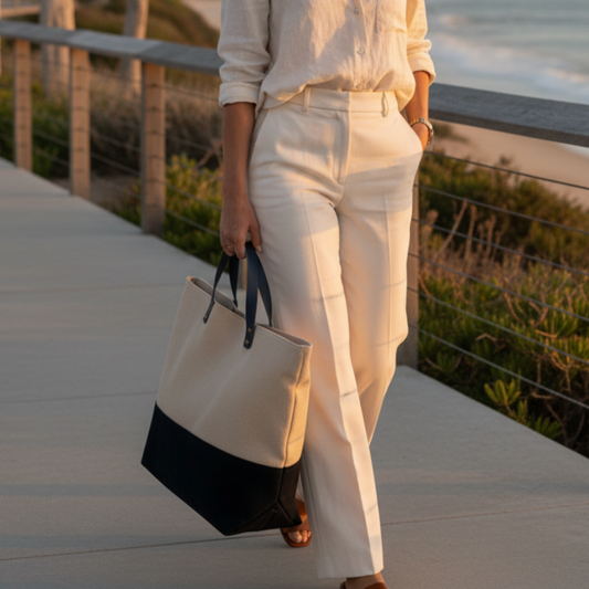 woman carrying a sand and navy coloured classic tote on a beach boardwalk at sunset