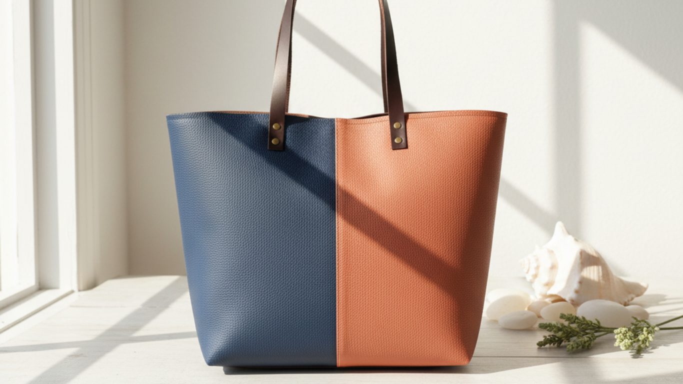 Two-toned blue and brown tote bag on a light surface with a neutral background