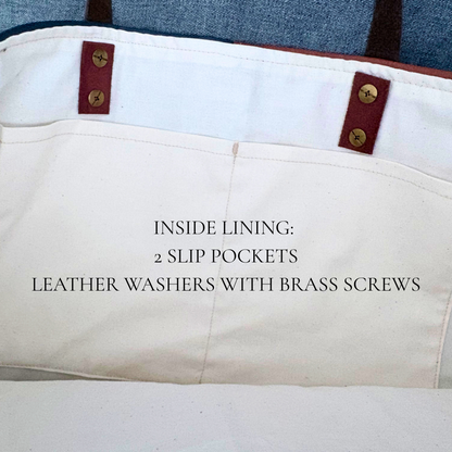 Close-up of the inside lining of the pineapple fringe  tote bag with leather washers and brass screws on a white 