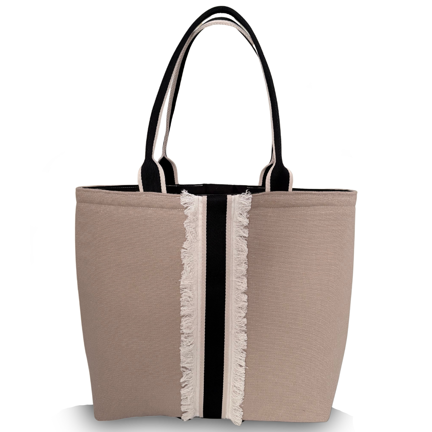 Anchor tote fringed Meridian edition in sand coloured canvas and black and beige striped design and handles on a white background