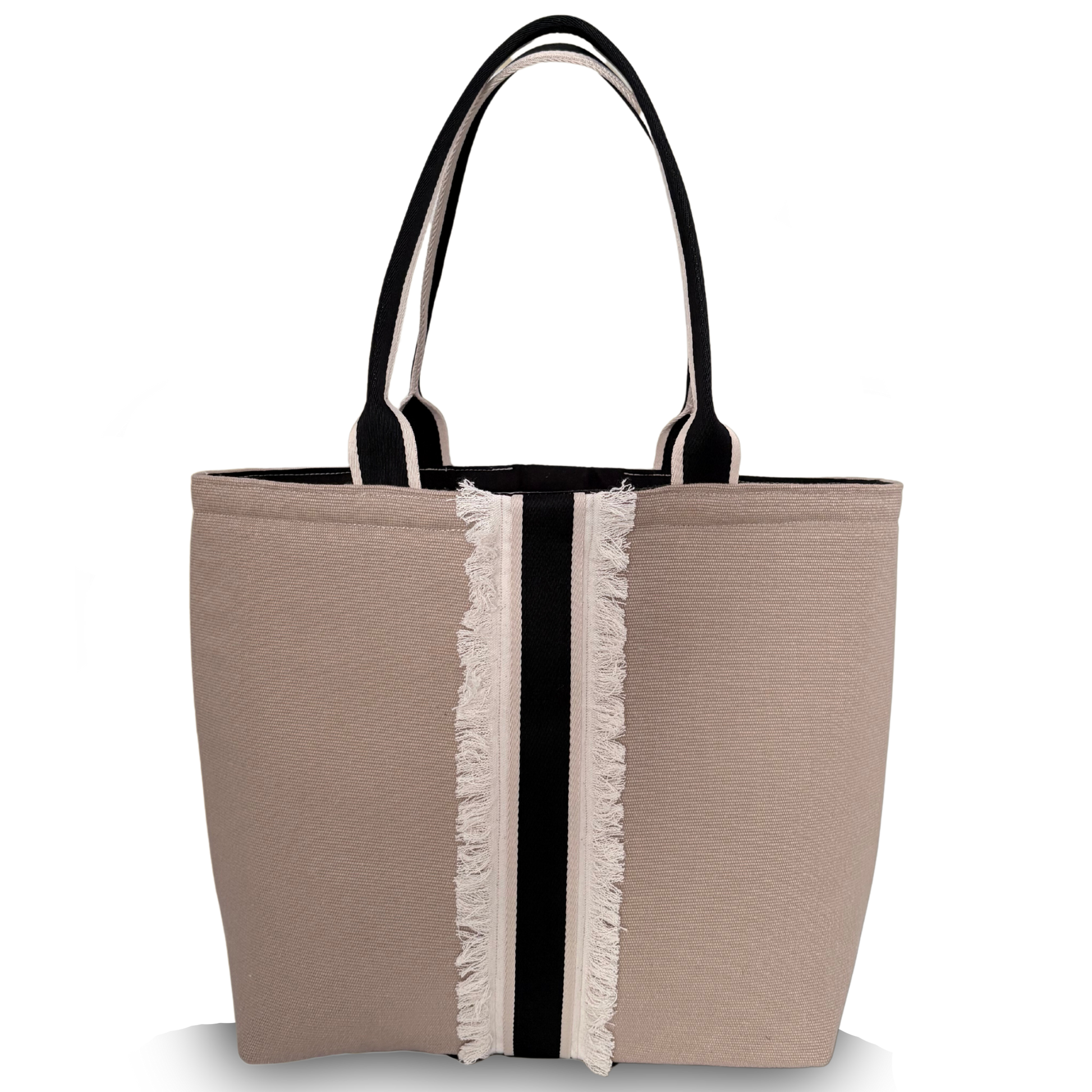 Anchor tote fringed Meridian edition in sand coloured canvas and black and beige striped design and handles on a white background