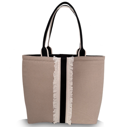 Anchor tote fringed Meridian edition in sand coloured canvas and black and beige striped design and handles on a white background