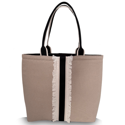 Anchor tote fringed Meridian edition in sand coloured canvas and black and beige striped design and handles on a white background