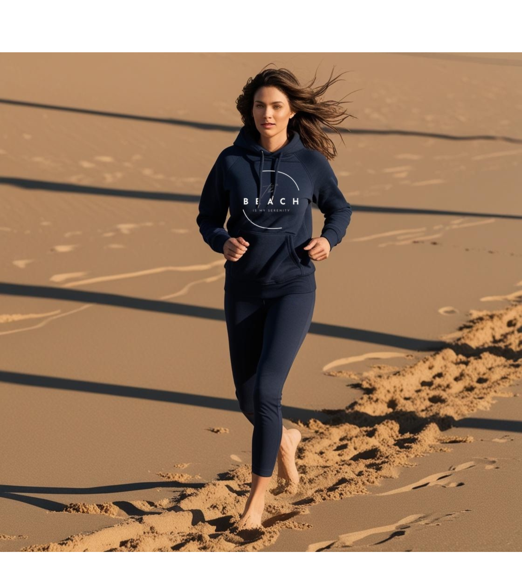 model wearing "the Beach is my Serenity" navy hoodie while jogging on the beach