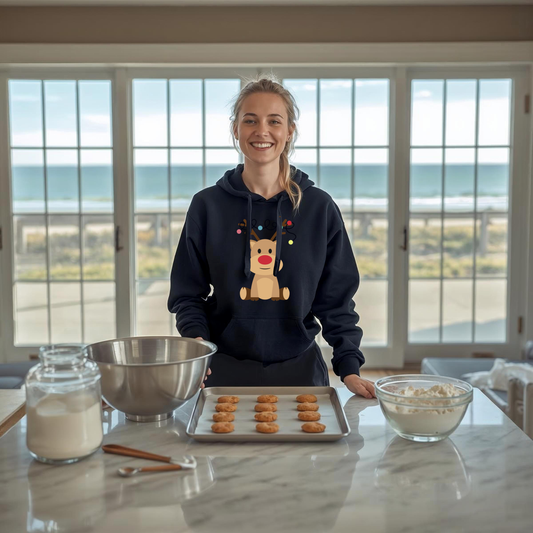 Person wearing a hoodie with a reindeer design, standing in a kitchen with baking ingredients and utensils.