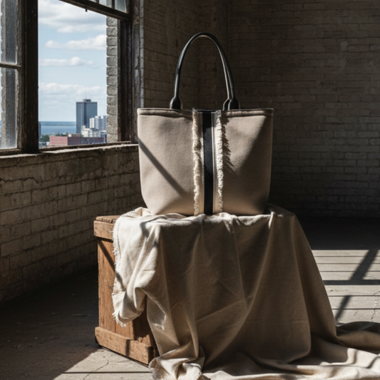 Beige tote bag on a wooden chest inn an abandoned warehouse with a cityscape view of Halifax through a window.