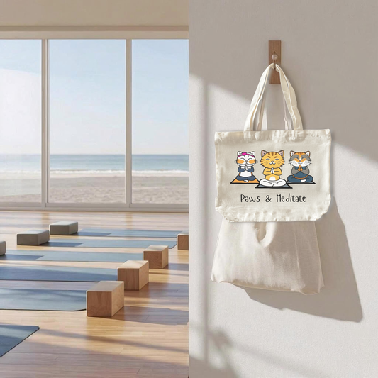 Tote bag with cartoon cats design hanging on a wall in a yoga studiowith an ocean view through a large window