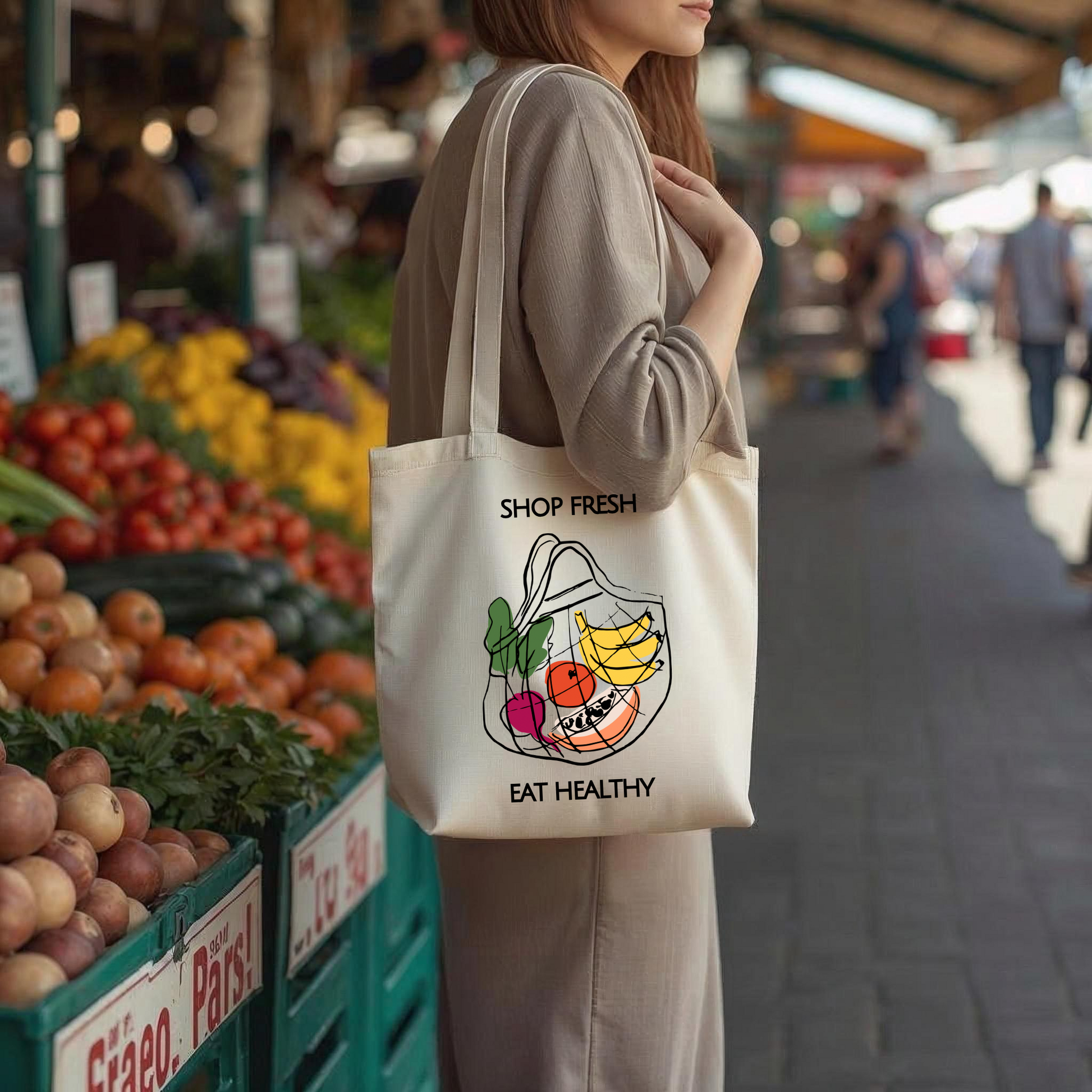 Person at a farmer's market with shop fresh eat healthy tote bag slung over her shoulder