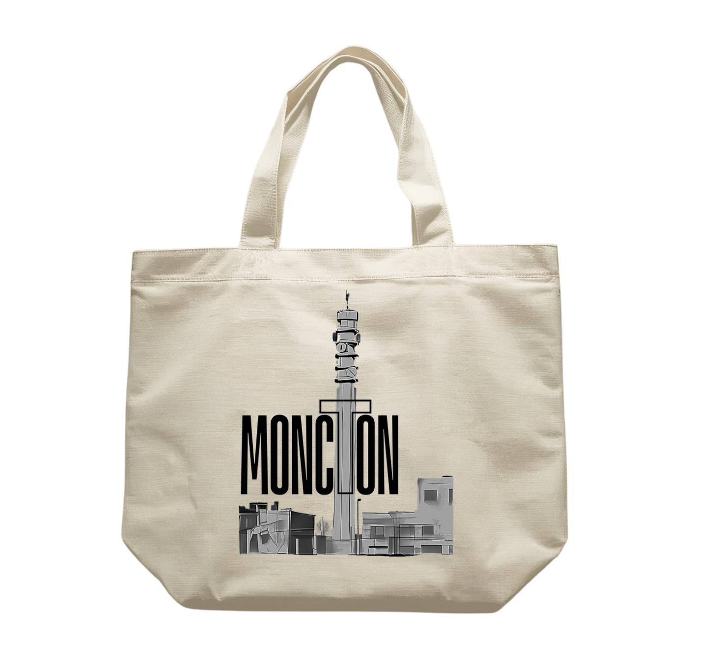 Natural canvas tote bag with 'Moncton' sketched design on a white background