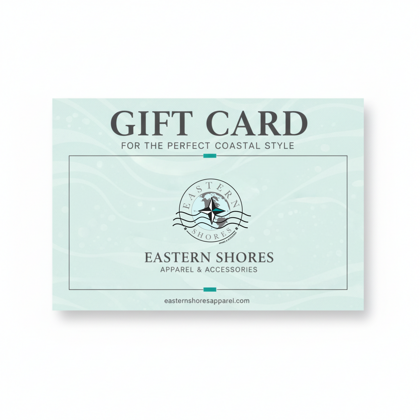 Gift card for Eastern Shores with branding and text on a light green background