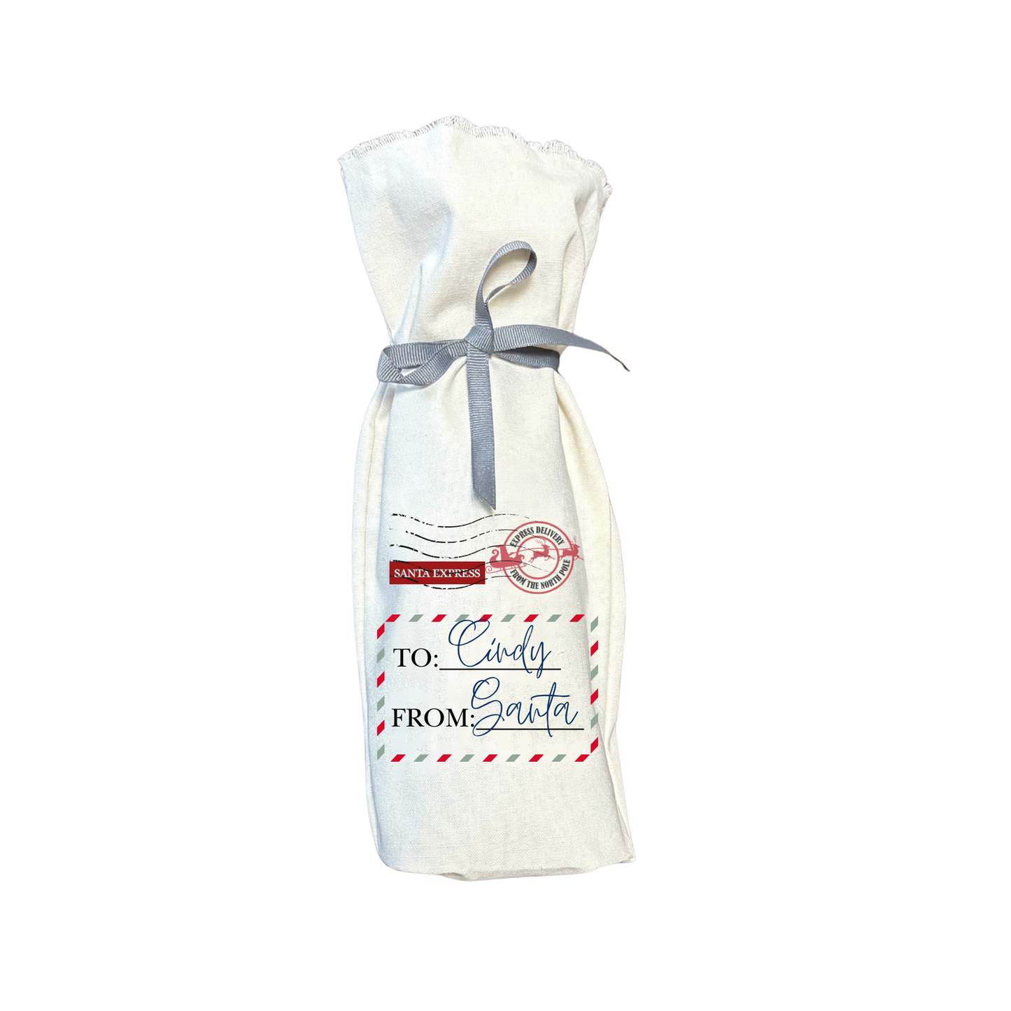 Wine tote bag standing upright with 'Santa Express' design and red ribbon 