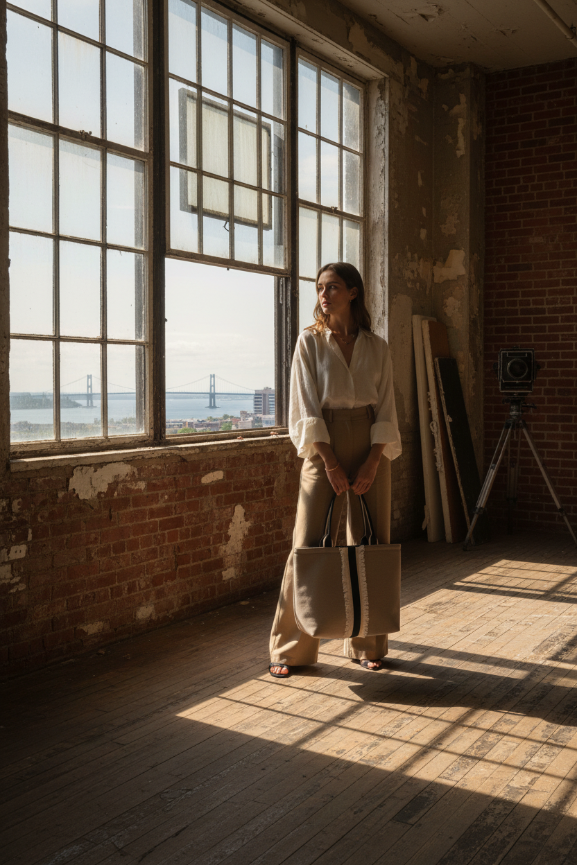 Editorial lifestyle shot of meridian tote with model by window in an abandoned manufacturing building in Halifax with brick interior walls and wood floors