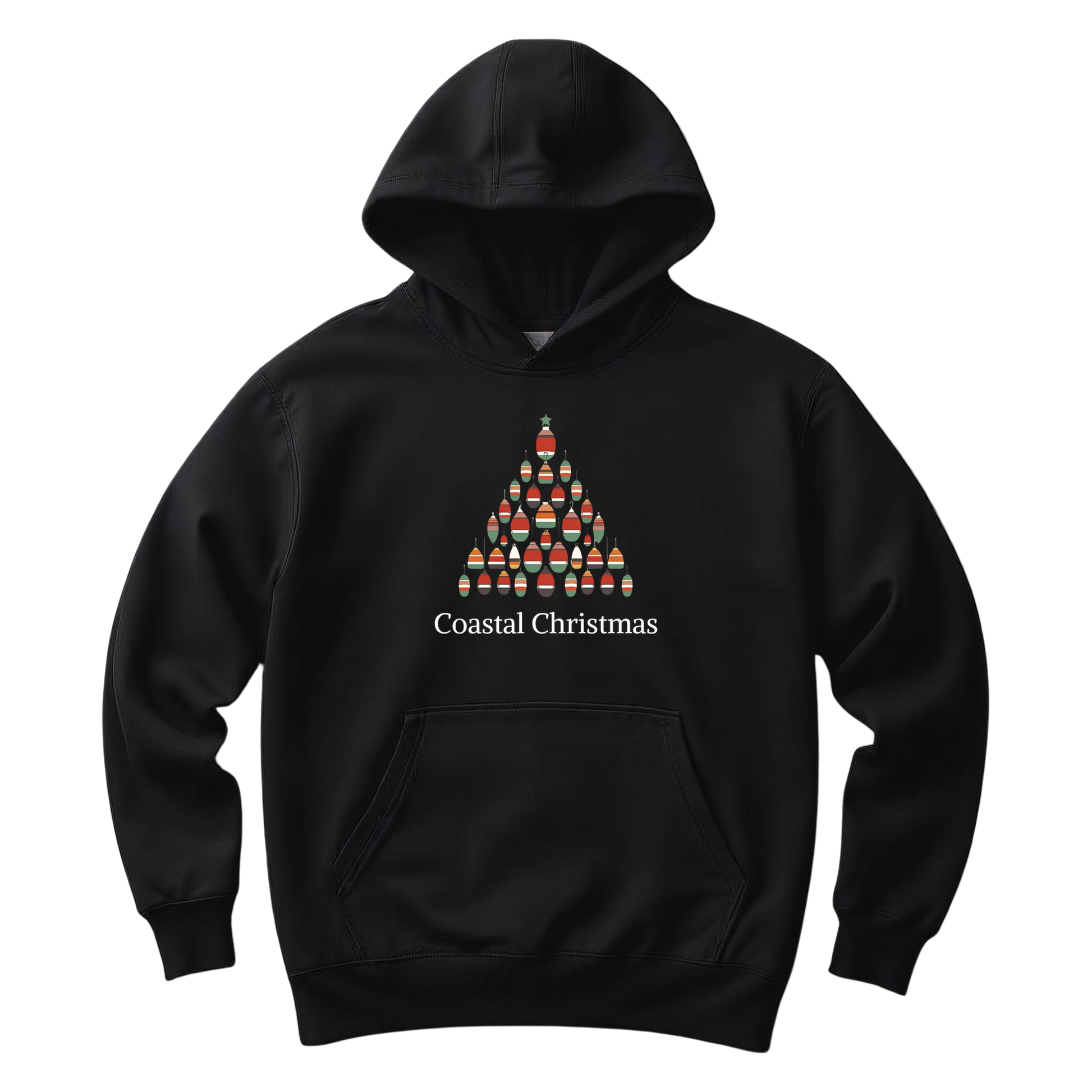 Black hoodie with a colorful buoy Christmas tree design and 'Coastal Christmas' text on a white background
