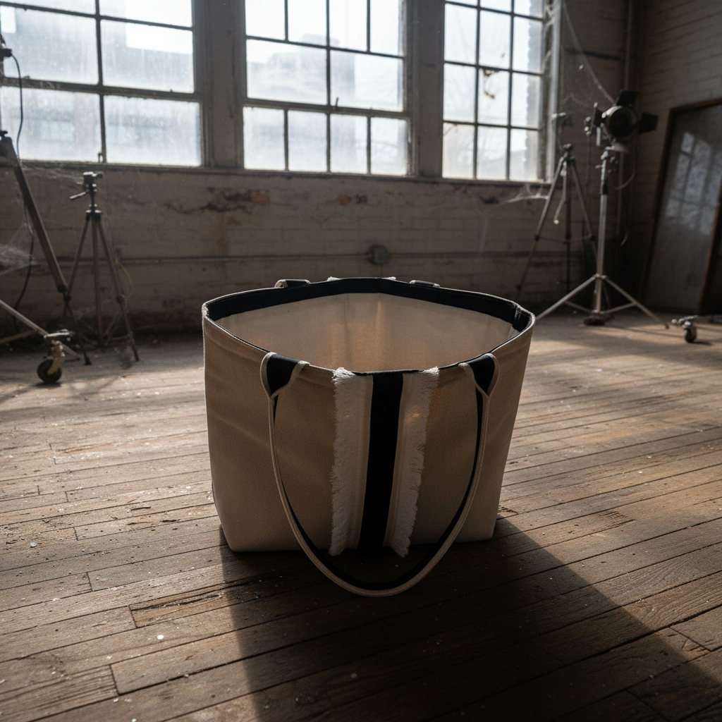 Interior shot of self-standing tote on the floor  in an abandoned manufacturing building in Halifax with large dusty windows that offer a faint glimpse of the city skyline