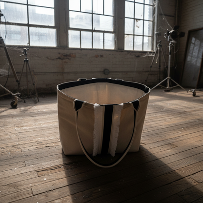 Interior shot of self-standing tote on the floor  in an abandoned manufacturing building in Halifax with large dusty windows that offer a faint glimpse of the city skyline