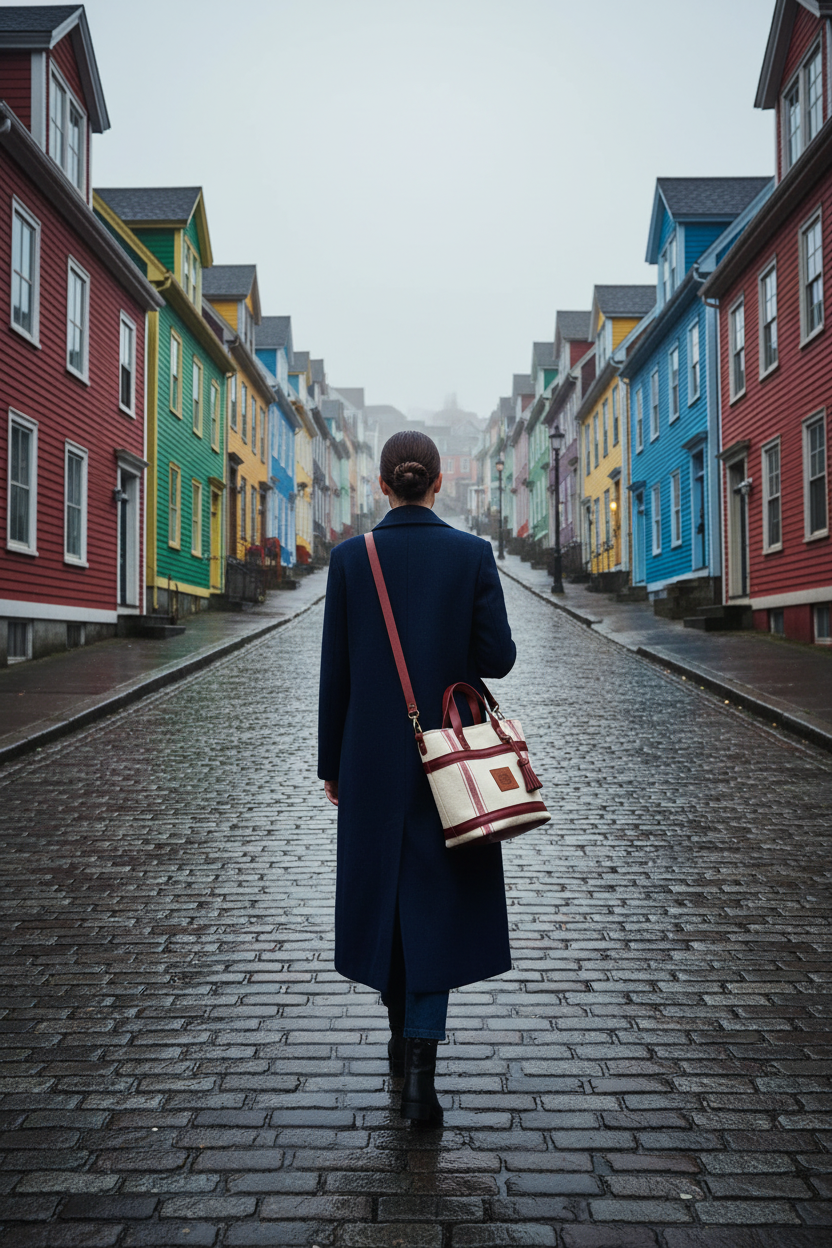 Woman seen from behind wearing a long navy blue wool coat and our Merlot Grainsac Bucket Bag  walking on - St. John's Jellybean Row