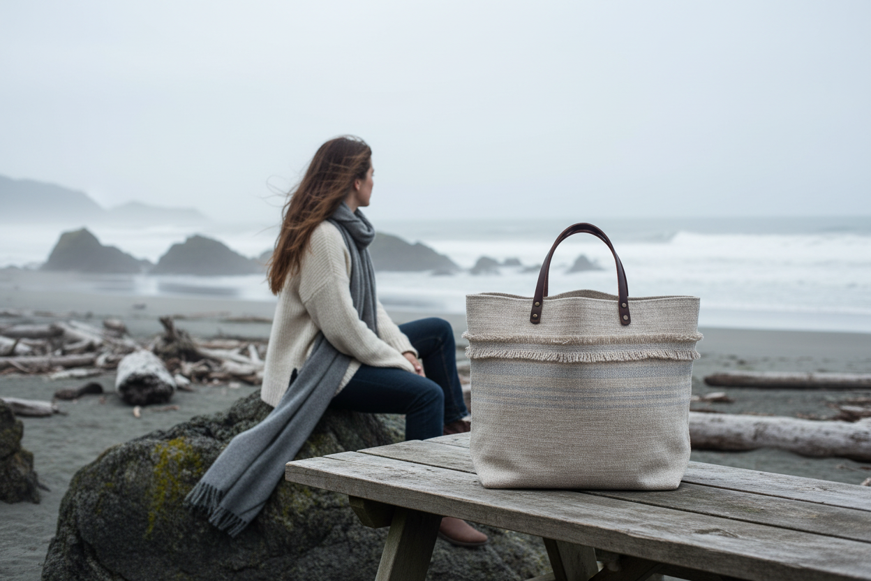 Moody East Coast lifestyle image with Coastal Fringe Edition tote on top of weathered picnic table
