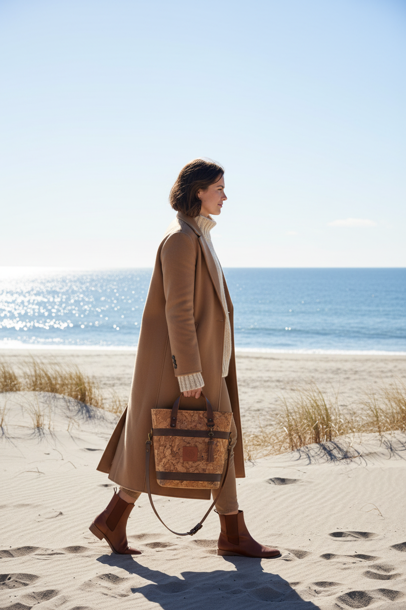 Premium editorial lifestyle photo of The Bucket Handbag - Cork in bright December coastal setting