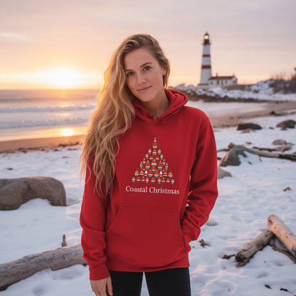 Red Buoy Christmas Tree Hoodie - Sunset Beach with Sandy Blonde Hair