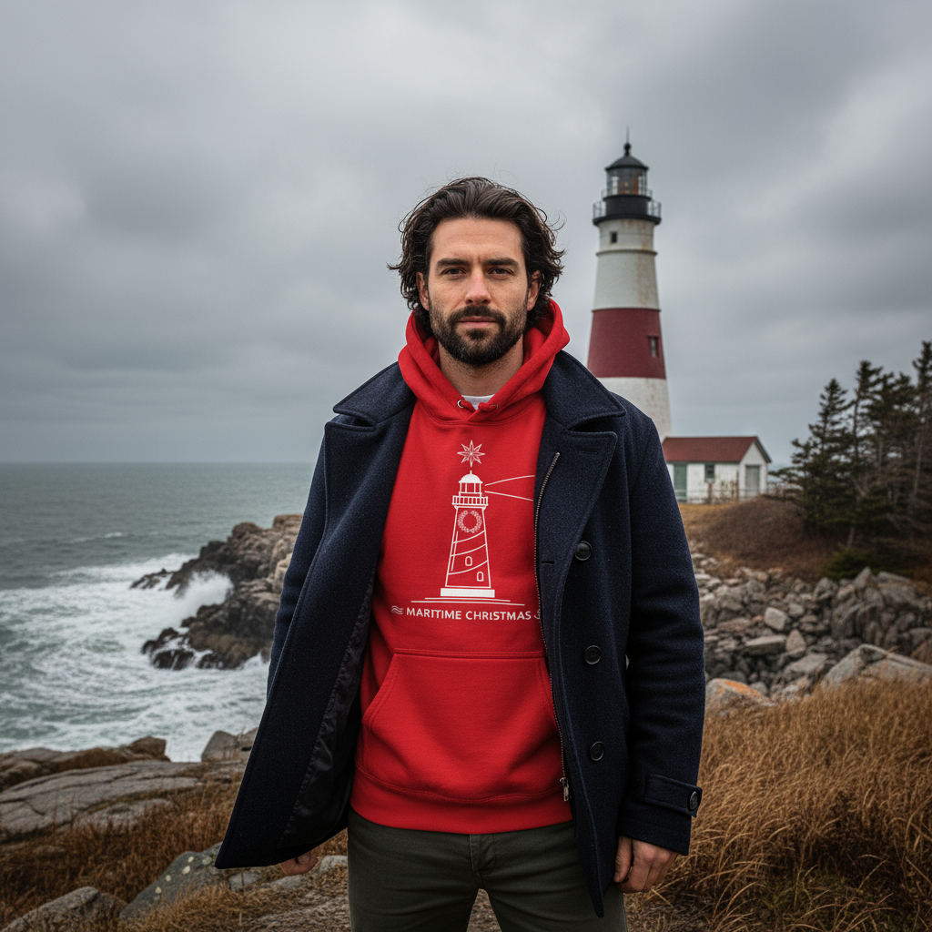 Red Maritime Christmas Lighthouse Hoodie - Lighthouse Scene